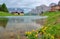 Beautiful lakeside view of rocky mountains Sassolungo-Sassopiatto Langkofel-Plattkofel & Sella group in Pass Pordoi