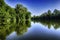 Beautiful landcsape, trees reflection in the lake water under blu