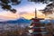 Beautiful landmark of Fuji mountain and Chureito Pagoda at sunset, Japan