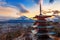 Beautiful landmark of Fuji mountain and Chureito Pagoda at sunset, Japan