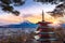 Beautiful landmark of Fuji mountain and Chureito Pagoda at sunset, Japan