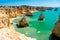 Beautiful landscape in Algarve Portugal. Coast of Atlantic Ocean, summertime holiday