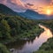 a beautiful landscape of amazing sunset on a rough mountain river with stones on...