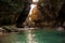 Beautiful landscape of azure green river flowing among rocks in Martvili canyon