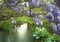 Beautiful landscape with blooming purple wisteria above the quiet river