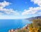Beautiful landscape with blue sea and blue sky and cityscape with bright day, Aerial view of Camogli a characteristic famous place