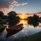 Beautiful landscape with boats and calm sunrise over lake made with Generative AI