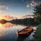 Beautiful landscape with boats and calm sunrise over lake made with Generative AI