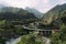 Beautiful landscape with bridge, small town and mountains in Taroko National Park, Taiwan