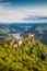 Beautiful landscape with castle ruin and Danube river at sunset, Wachau, Austria