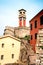 Beautiful landscape with a clock and bell tower in the old fortress in Kerkira, Corfu, Greece. popular tourist attractions.