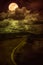 Beautiful landscape of dark sky with bright full moon behind clouds and asphalt roadway through suburban zone. Serenity nature