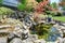 Beautiful landscape design on backyard. View of small pond with rocks.