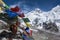 Beautiful Landscape of Everest and Lhotse peak with colorful Nepali flag as foreground from Kala Pattar view point.