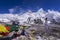 Beautiful Landscape of Everest and Lhotse peak with colorful Nepali flag as foreground from Kala Pattar view point. Gorak Shep.