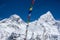 Beautiful Landscape of Everest and Lhotse peak with colorful Nepali flag from Kala Pattar view point. Gorak Shep.