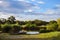 Beautiful landscape with a field, trees and a pond at the Ecomuseum of Alsace, the outdoor living museum