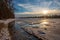 Beautiful landscape of the frozen Danube at sunset