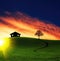 Beautiful landscape with green grass field and lone house and tree. Generative AI.