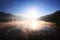 Beautiful landscape heaven of mist and fog over the lake and sunrise shining with blue sky reflection on the water surface at Hill