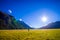 Beautiful landscape of high mountain glacier at milford sound with a sunshine in the sky, in south island in New Zealand