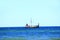 Beautiful landscape with historic rook sailing on blue sea. Marine vessel