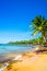 Beautiful landscape of Hon Thom beach, Phu Quoc island, Vietnam, Asia with tourist, chairs and umbrella. White sand and coco palms