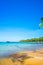 Beautiful landscape of Hon Thom beach, Phu Quoc island, Vietnam, Asia with tourist, chairs and umbrella. White sand and coco palms