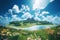 beautiful landscape illustration small island with volcano and beautiful sky ai generated