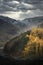 Beautiful landscape image of Autumn Fall with vibrant pine and larch trees against majestic setting of Hawes Water and High Stile