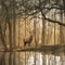 Beautiful landscape image of still stream in Lake District forest with beautiful mature Red Deer Stag Cervus Elaphus among trees