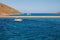 Beautiful landscape of Kolona beach Kythnos island Cyclades Greece in June, 2021 - view from the yacht.