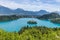 Beautiful landscape of Lake Bled the church island from Ojstrica viewpoint in Bled, Slovenia