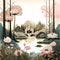 Beautiful landscape with lake, castle and lotus flowers. Watercolor illustration