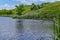 Beautiful landscape of lake with old wooden dilapidated pier on meadow. Delightful nature of Sumy region Uhroidy village, Ukraine