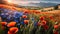 Beautiful landscape, a large field with poppies and cornflowers against the backdrop of a beautiful landscape