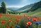 Beautiful landscape, a large field with poppies and cornflowers against the backdrop of a beautiful landscape