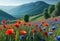 Beautiful landscape, a large field with poppies and cornflowers against the backdrop of a beautiful landscape