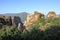 Beautiful landscape of Meteora at sunrise. Monastery of Varlaam. Central Greece.