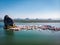 Beautiful landscape mosque sea and sky in summer at Punyi island, Ko Panyi or Koh Panyee, Muslim fisherman village