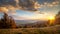 Beautiful landscape mountain hill meadow sunrise morning village Romania