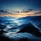 Beautiful landscape with mountains in fog at dawn, aerial shot