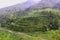 Beautiful landscape with mountains, forest and pines, river, twisting road and blue sky.