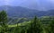 Beautiful landscape with mountains, forest and pines, step farming and blue sky.