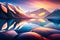 Beautiful landscape with mountains, lake and sunset, tranquil panorama, Vector nature abstract illustration, generative ai