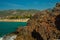 Beautiful landscape with mountains and rocks on Cleopatra beach with white sand. Funicular. Alanya, Antalya district, Turkey, Asia