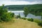 Beautiful landscape in nature and a dam with a boat in it. Asenovgrad, Plovdiv region, Europe, Bulgaria