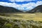 Beautiful landscape in New Zealand with yellow grassland and mountains. Molesworth station, South Island