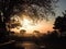 Beautiful landscape in Niha , the lebanese village with black tree silhouettes and bright orange sky with sun beam showing