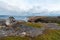 Beautiful landscape of the North Sea coast with stones covered with colorful moss. View from the mountain.Teriberka, Barents Sea,